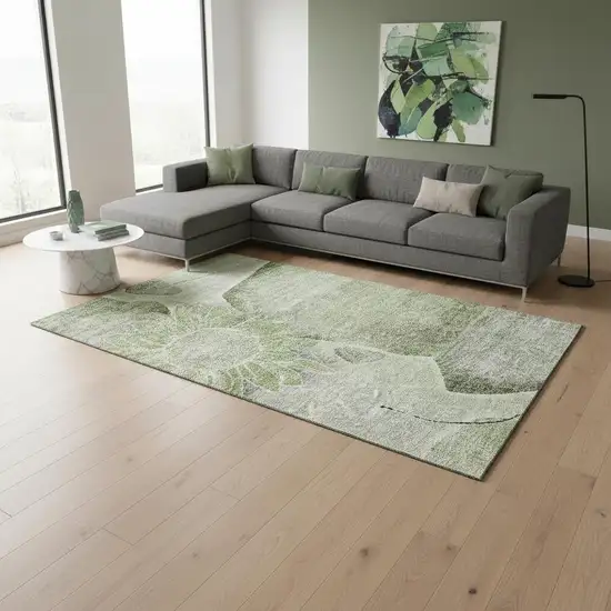 Artichoke Green Gray And Ivory Floral Washable Area Rug With UV Protection Photo 3