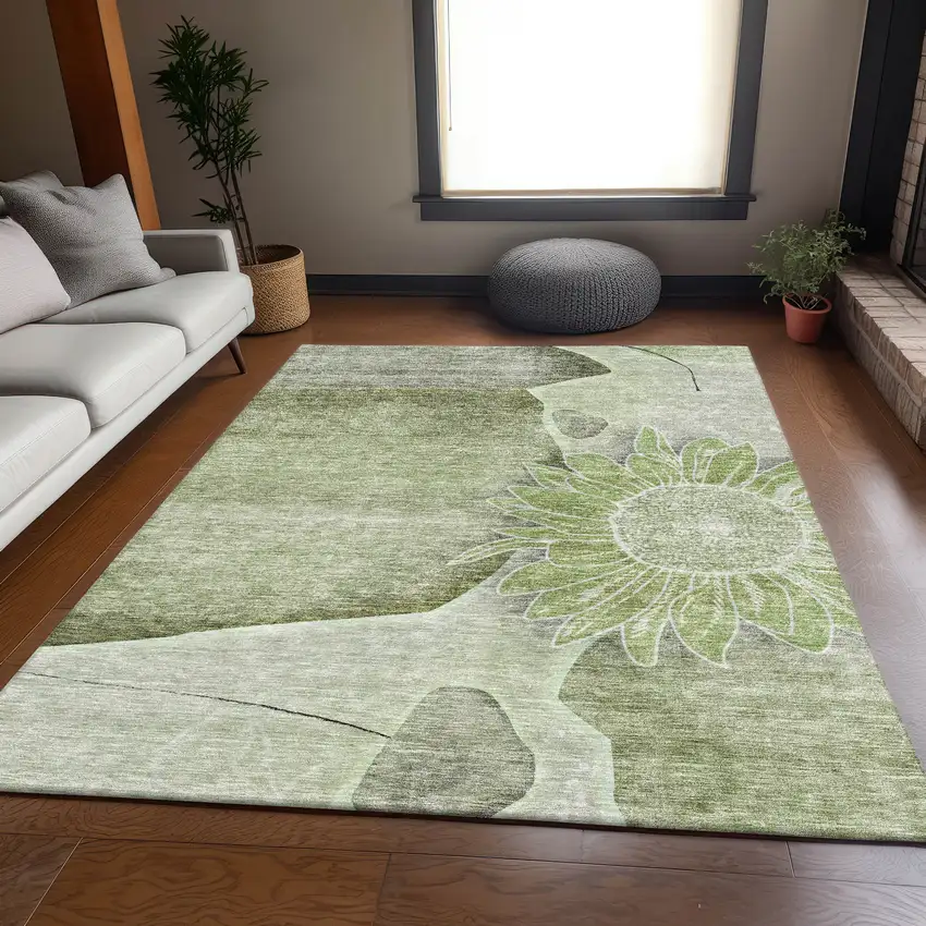 Artichoke Green Gray And Ivory Floral Washable Area Rug With UV Protection Photo 5