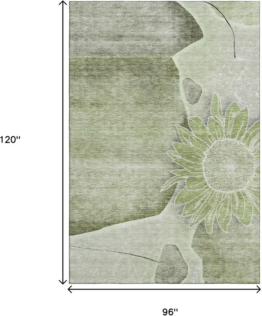 Artichoke Green Gray And Ivory Floral Washable Area Rug With UV Protection Photo 2