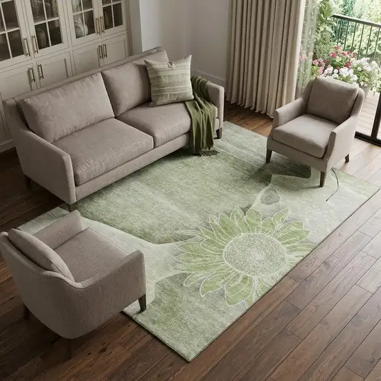 Artichoke Green Gray And Ivory Floral Washable Area Rug With UV Protection Photo 1