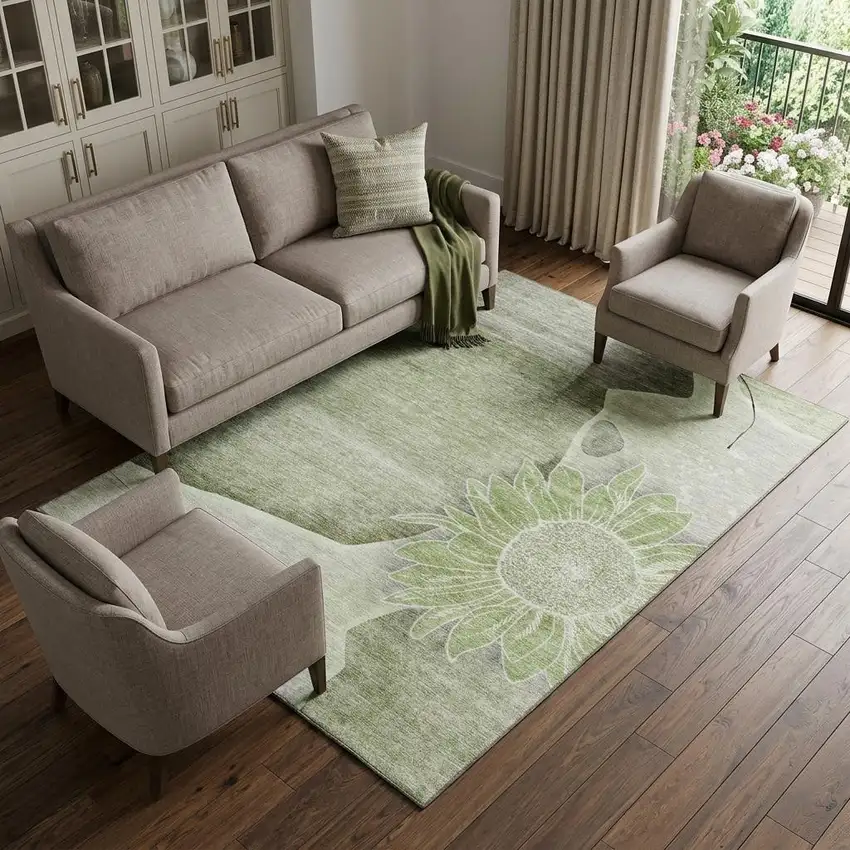 Artichoke Green Gray And Ivory Floral Washable Area Rug With UV Protection Photo 1