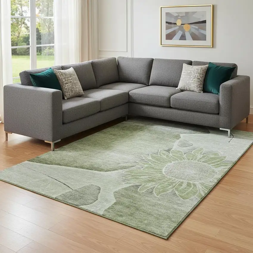 Artichoke Green Gray And Ivory Floral Washable Area Rug With UV Protection Photo 1