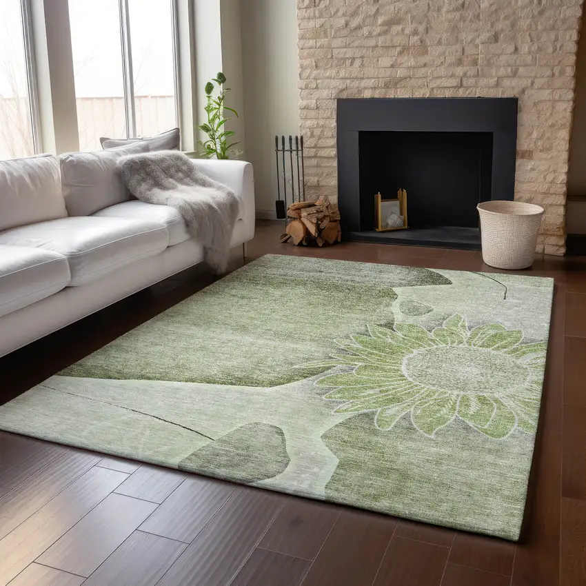 Artichoke Green Gray And Ivory Floral Washable Area Rug With UV Protection Photo 5