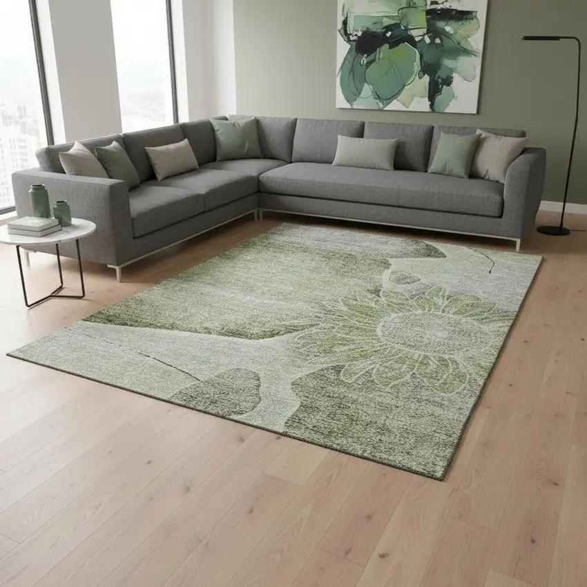 Artichoke Green Gray And Ivory Floral Washable Area Rug With UV Protection Photo 1