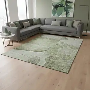 Photo of Artichoke Green Gray And Ivory Floral Washable Area Rug With UV Protection