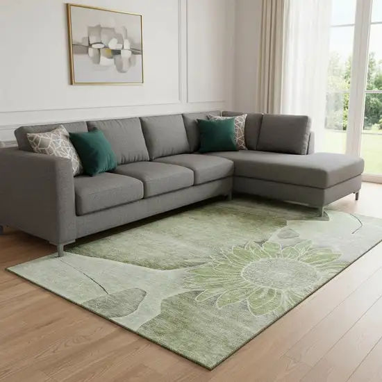 Artichoke Green Gray And Ivory Floral Washable Area Rug With UV Protection Photo 1