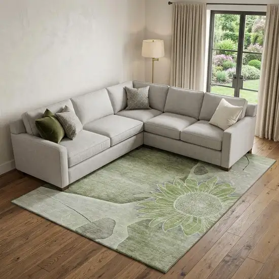 Artichoke Green Gray And Ivory Floral Washable Area Rug With UV Protection Photo 1
