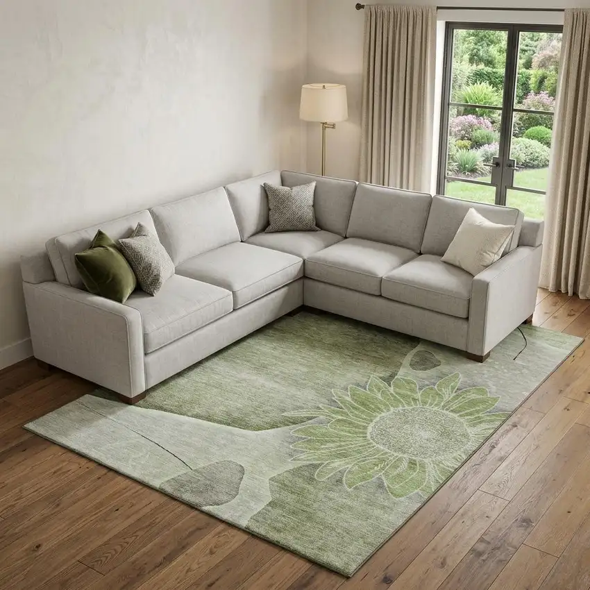 Artichoke Green Gray And Ivory Floral Washable Area Rug With UV Protection Photo 1