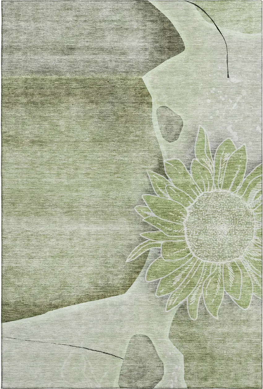 Artichoke Green Gray And Ivory Floral Washable Area Rug With UV Protection Photo 2