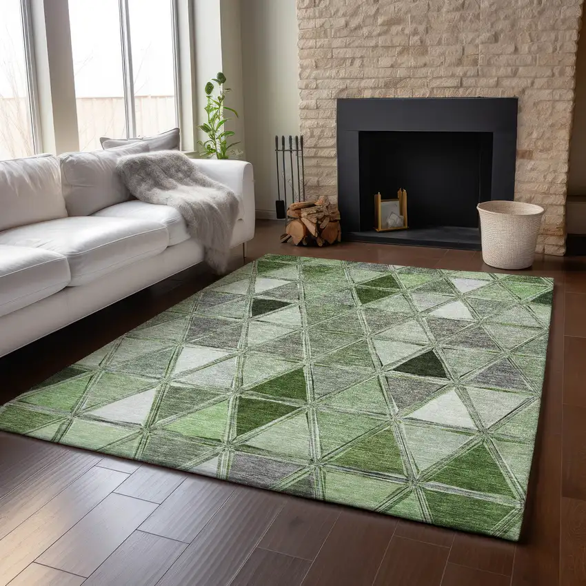 Artichoke Green Gray And Ivory Geometric Washable Area Rug With UV Protection Photo 5