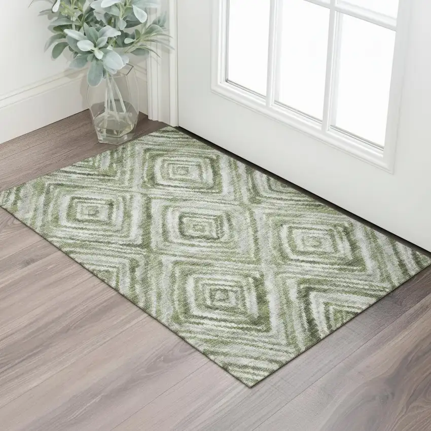 Artichoke Green Gray And Ivory Geometric Washable Area Rug With UV Protection Photo 1