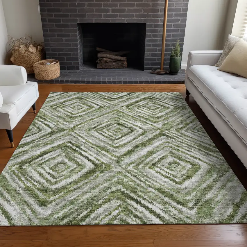 Artichoke Green Gray And Ivory Geometric Washable Area Rug With UV Protection Photo 5