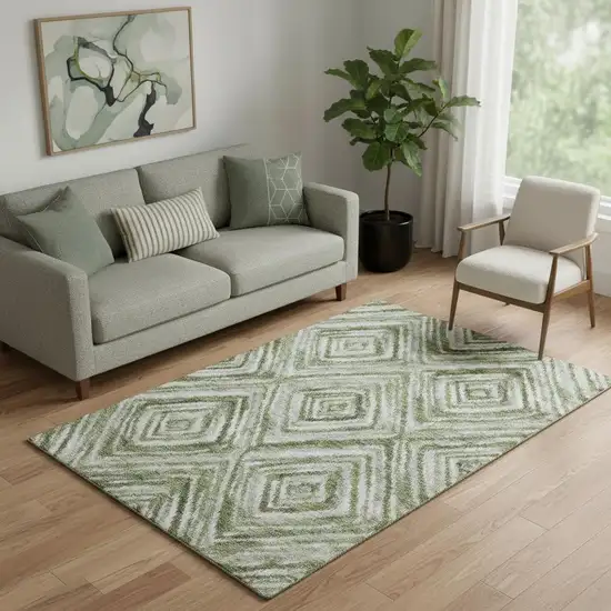 Artichoke Green Gray And Ivory Geometric Washable Area Rug With UV Protection Photo 1