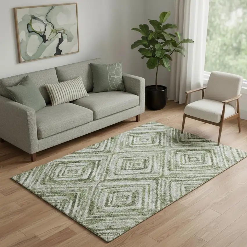Artichoke Green Gray And Ivory Geometric Washable Area Rug With UV Protection Photo 1