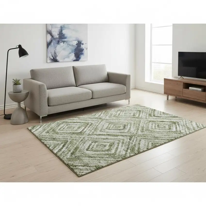 Artichoke Green Gray And Ivory Geometric Washable Area Rug With UV Protection Photo 2
