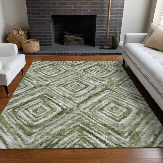 Artichoke Green Gray And Ivory Geometric Washable Area Rug With UV Protection Photo 5