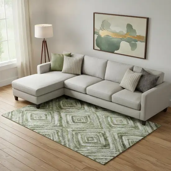 Artichoke Green Gray And Ivory Geometric Washable Area Rug With UV Protection Photo 1