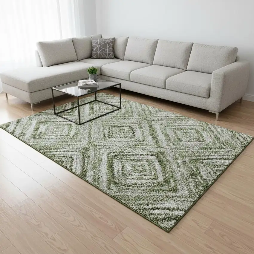 Artichoke Green Gray And Ivory Geometric Washable Area Rug With UV Protection Photo 2