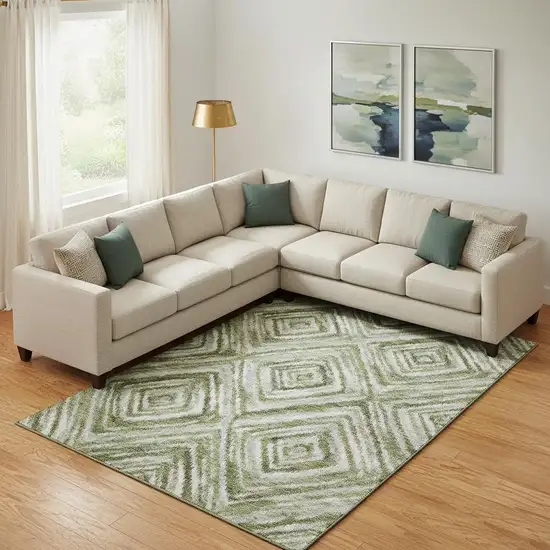 Artichoke Green Gray And Ivory Geometric Washable Area Rug With UV Protection Photo 1