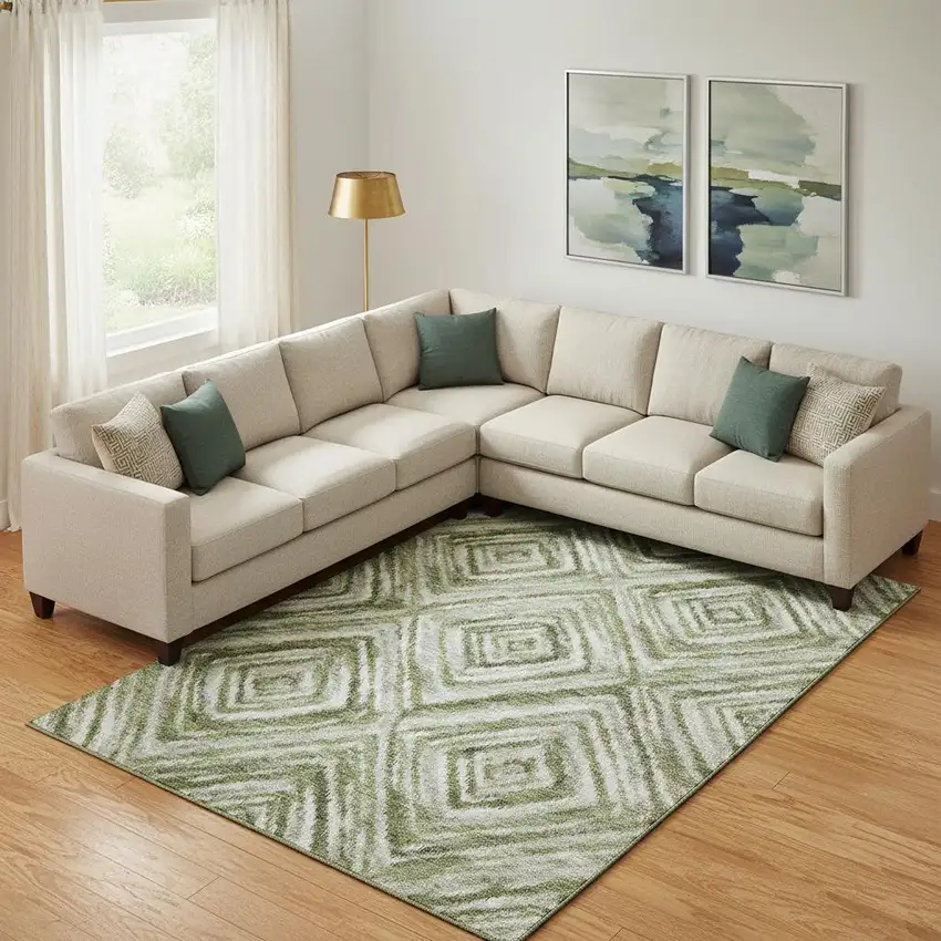 Artichoke Green Gray And Ivory Geometric Washable Area Rug With UV Protection Photo 1