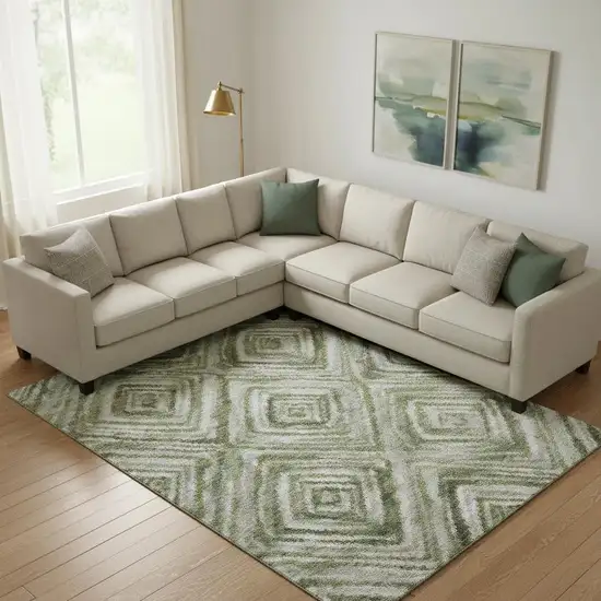 Artichoke Green Gray And Ivory Geometric Washable Area Rug With UV Protection Photo 1