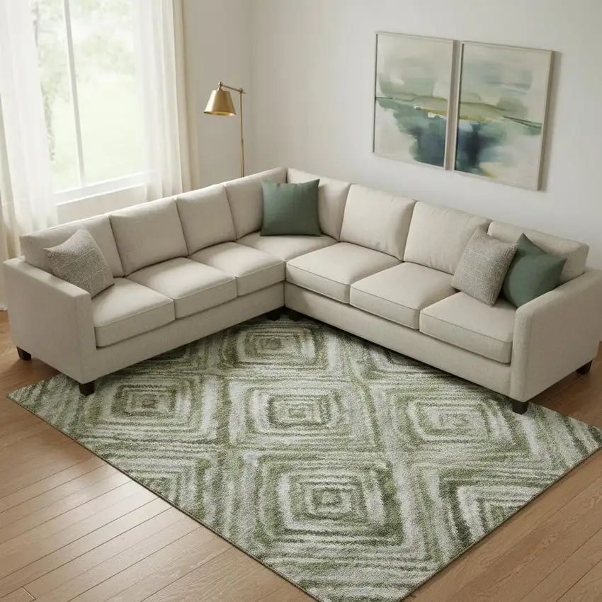 Artichoke Green Gray And Ivory Geometric Washable Area Rug With UV Protection Photo 1