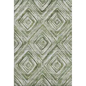 Photo of Artichoke Green Gray And Ivory Geometric Washable Area Rug With UV Protection