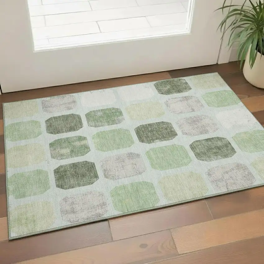 Artichoke Green Gray And Ivory Geometric Washable Area Rug With UV Protection Photo 2