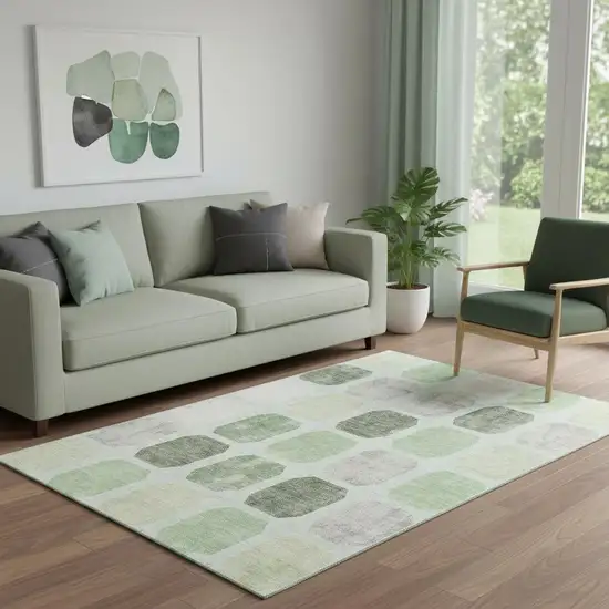 Artichoke Green Gray And Ivory Geometric Washable Area Rug With UV Protection Photo 2