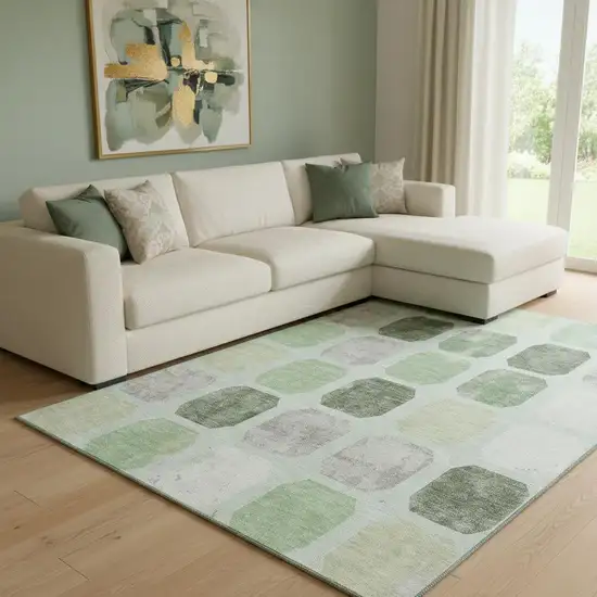 Artichoke Green Gray And Ivory Geometric Washable Area Rug With UV Protection Photo 2