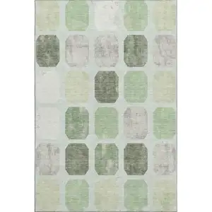 Photo of Artichoke Green Gray And Ivory Geometric Washable Area Rug With UV Protection