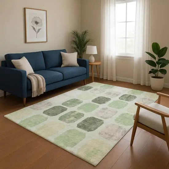 Artichoke Green Gray And Ivory Geometric Washable Area Rug With UV Protection Photo 5