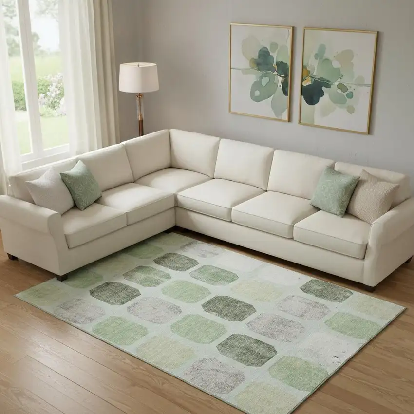 Artichoke Green Gray And Ivory Geometric Washable Area Rug With UV Protection Photo 2