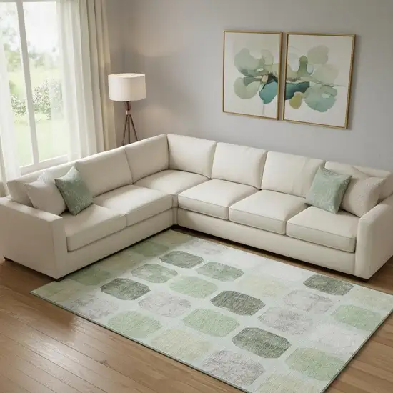 Artichoke Green Gray And Ivory Geometric Washable Area Rug With UV Protection Photo 2