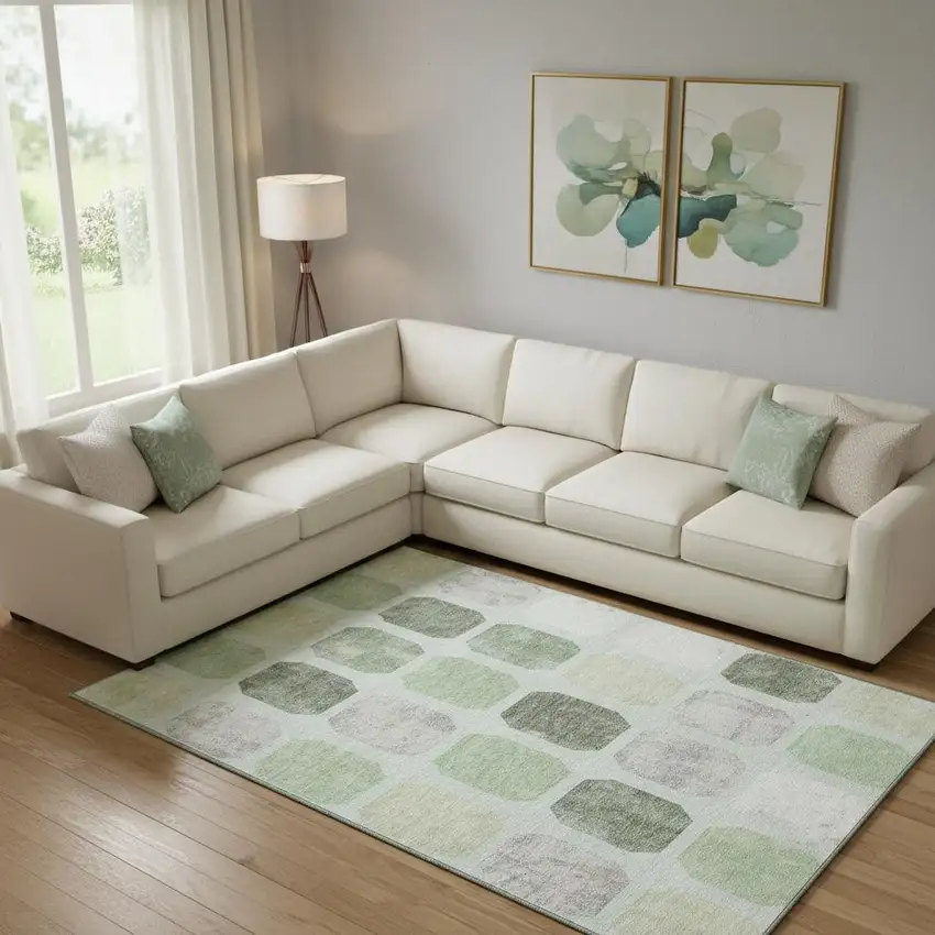 Artichoke Green Gray And Ivory Geometric Washable Area Rug With UV Protection Photo 2