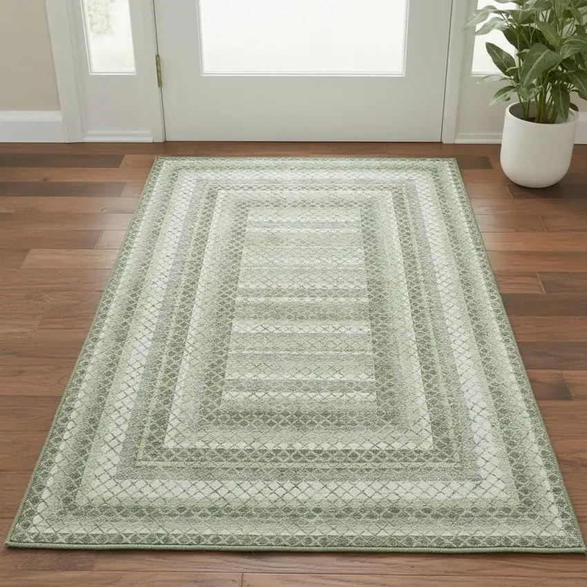 Artichoke Green Gray And Ivory Geometric Washable Area Rug With UV Protection Photo 2
