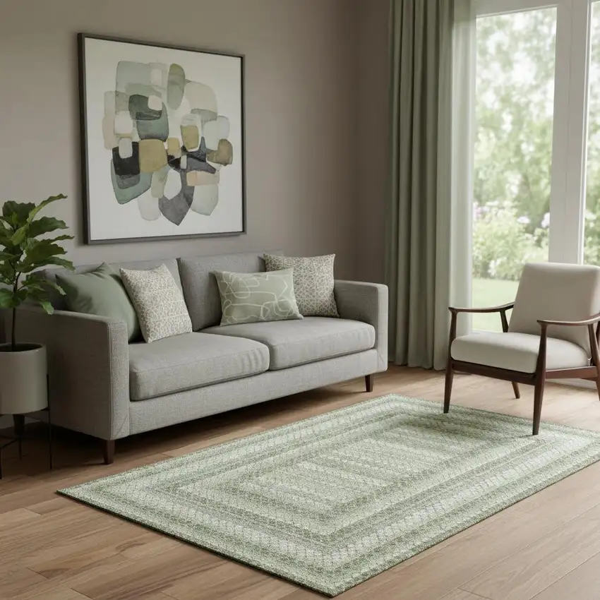 Artichoke Green Gray And Ivory Geometric Washable Area Rug With UV Protection Photo 2