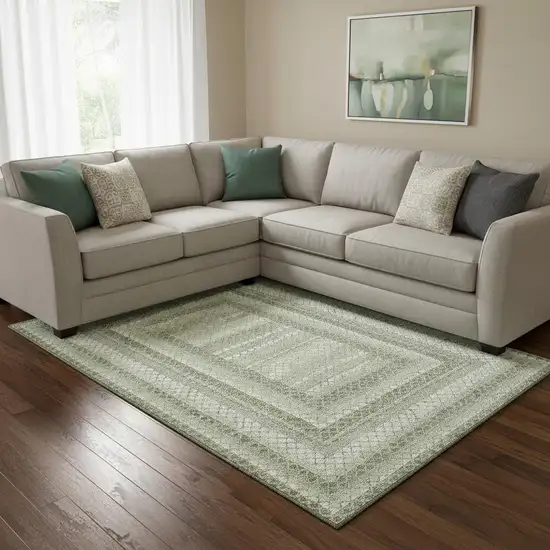 Artichoke Green Gray And Ivory Geometric Washable Area Rug With UV Protection Photo 2