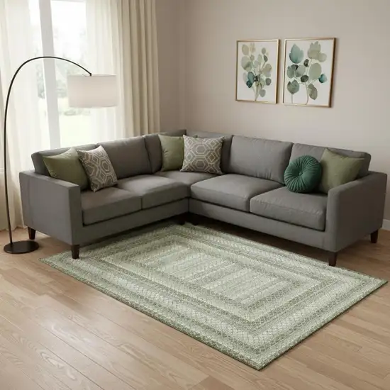 Artichoke Green Gray And Ivory Geometric Washable Area Rug With UV Protection Photo 2