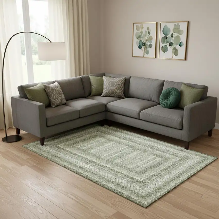 Artichoke Green Gray And Ivory Geometric Washable Area Rug With UV Protection Photo 2