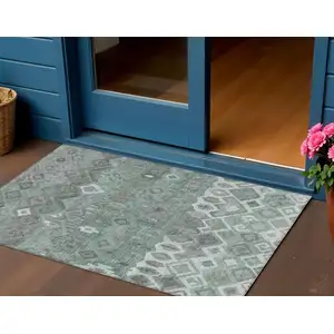 Photo of Artichoke Green Gray And Ivory Geometric Washable Indoor Outdoor Area Rug