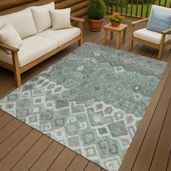 Artichoke Green Gray And Ivory Geometric Washable Indoor Outdoor Area Rug Photo 9