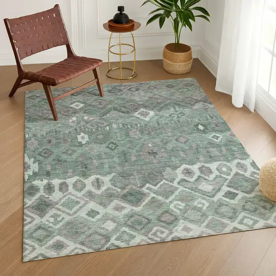 Artichoke Green Gray And Ivory Geometric Washable Indoor Outdoor Area Rug Photo 9