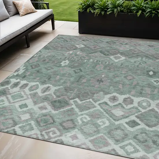 Artichoke Green Gray And Ivory Geometric Washable Indoor Outdoor Area Rug Photo 1