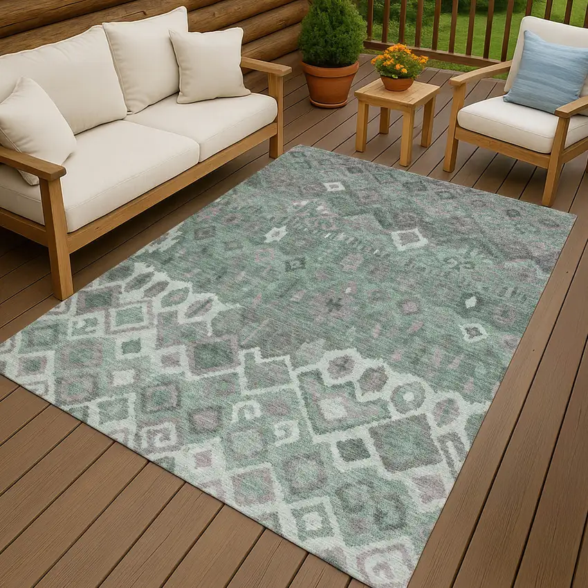 Artichoke Green Gray And Ivory Geometric Washable Indoor Outdoor Area Rug Photo 9