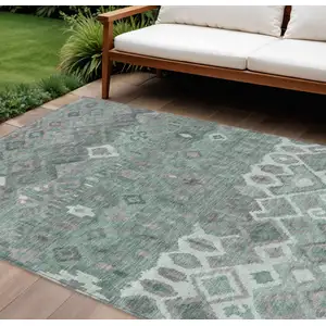 Photo of Artichoke Green Gray And Ivory Geometric Washable Indoor Outdoor Area Rug