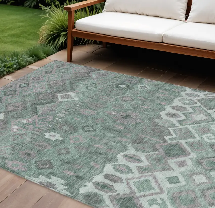Artichoke Green Gray And Ivory Geometric Washable Indoor Outdoor Area Rug Photo 1