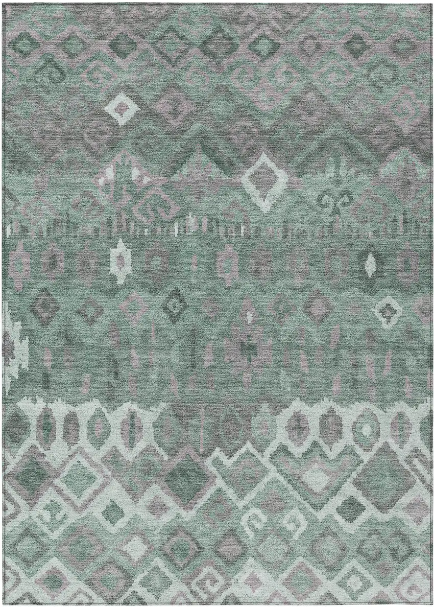 Artichoke Green Gray And Ivory Geometric Washable Indoor Outdoor Area Rug Photo 2