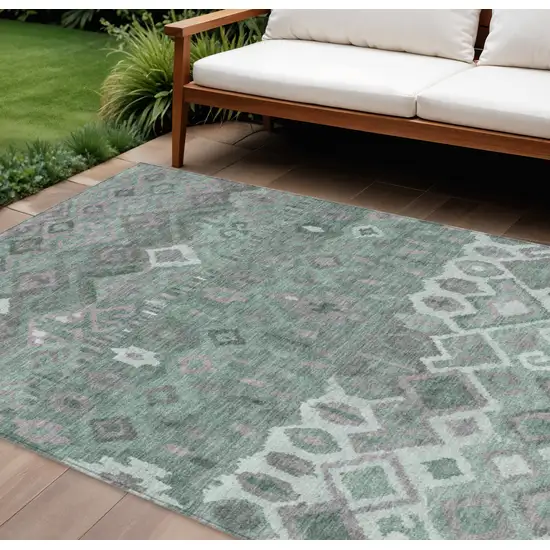 Artichoke Green Gray And Ivory Geometric Washable Indoor Outdoor Area Rug Photo 1