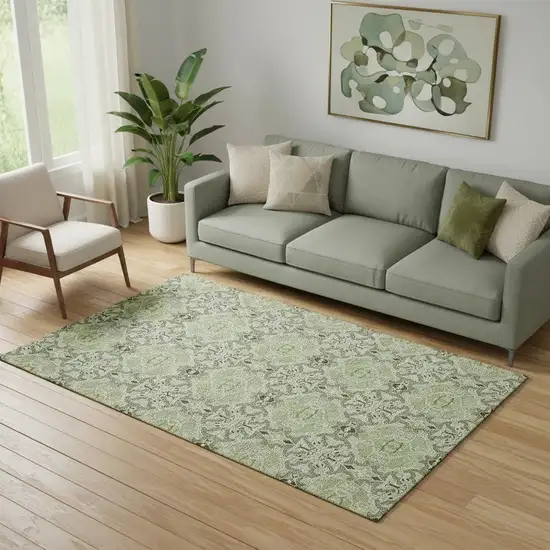 Artichoke Green Gray And Ivory Medallion Washable Area Rug With UV Protection Photo 1
